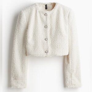 H&M Women Sz XS Cropped Tweed Boucle-Weave Jacket Short Blazer White Cream